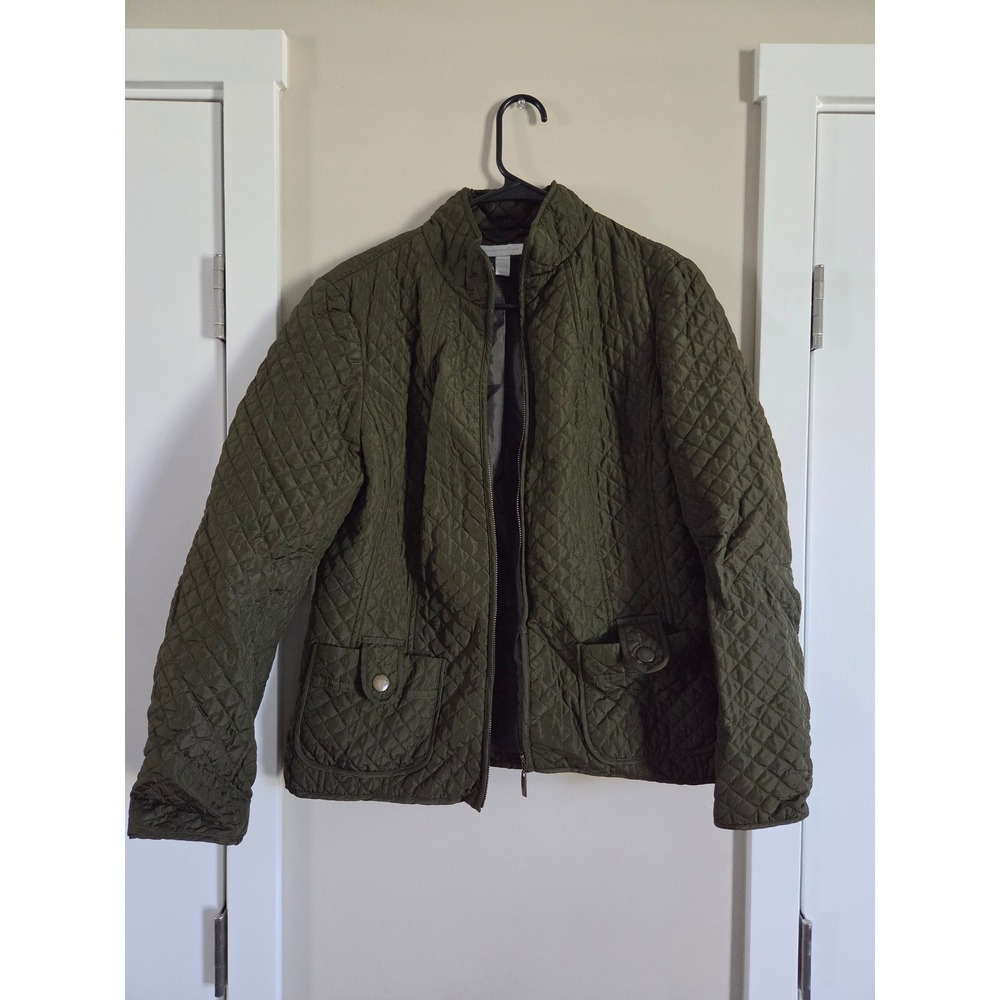 Charter Club Womens Quilted Barn Jacket Olive Green Full Zip Mock Neck Medium